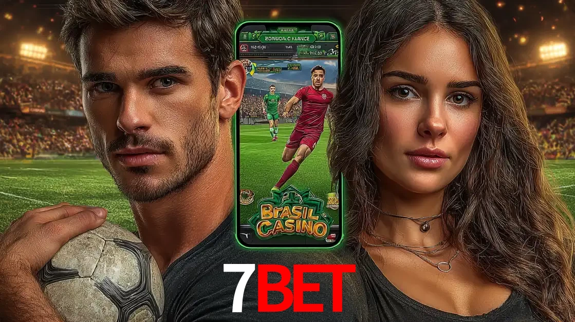 Homem segurando uma bola de futebol e uma mulher ao lado de um smartphone exibindo o jogo de apostas esportivas da 7BET. Faça seu palpite no cassino online.