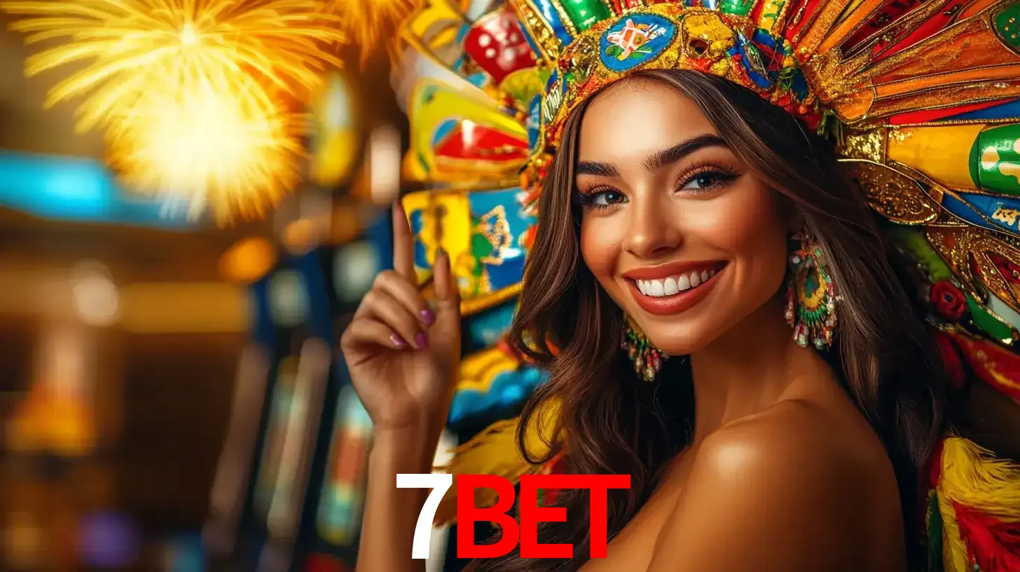 Mulher sorridente com um cocar de carnaval vibrante e colorido, celebrando uma grande vitória nos jogos do cassino 7BET com fogos de artifício ao fundo.