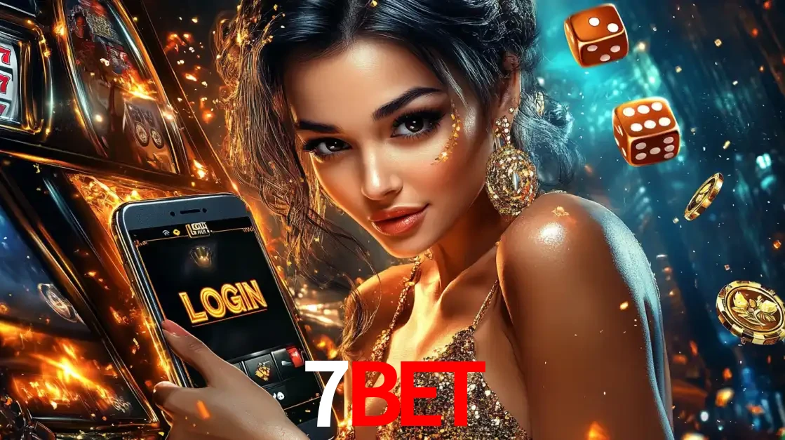 Mulher glamourosa segurando um celular com a tela de login do cassino 7BET, rodeada por dados e moedas douradas, pronta para começar a diversão.