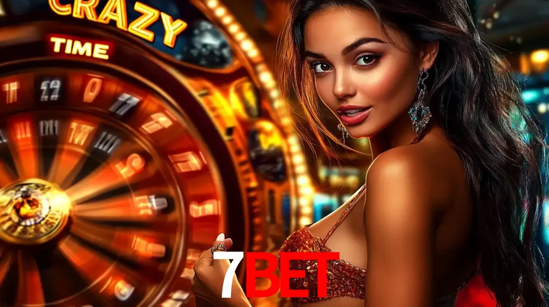 Mulher ao lado da roda de prêmios do jogo de cassino ao vivo Crazy Time, um dos shows de jogos mais emocionantes oferecidos pela plataforma de apostas 7BET.