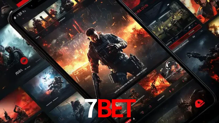 Tela de um celular exibindo uma galeria de jogos de tiro com temática militar, mostrando a variedade de e-sports disponíveis para apostas na plataforma de entretenimento 7BET.
