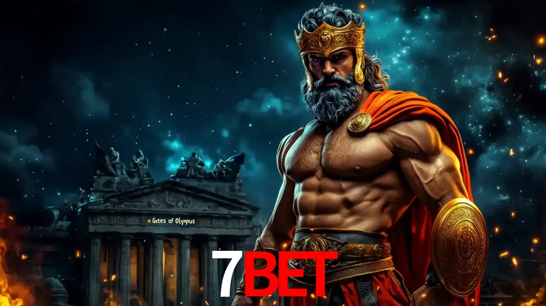 O poderoso Zeus do jogo de slot Gates of Olympus em frente ao seu templo, pronto para lançar multiplicadores divinos e prêmios épicos no cassino online 7BET.