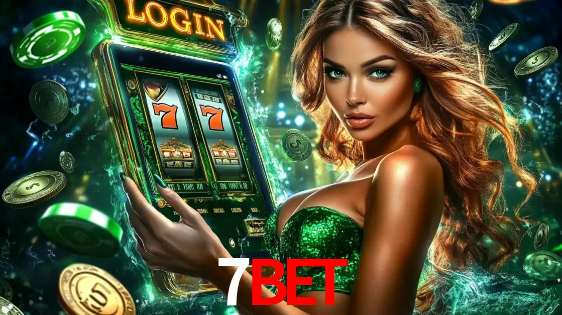 Mulher com tema verde apresentando o aplicativo do cassino 7BET com um jogo de slot de 777, cercada por fichas de cassino e uma aura de sorte.