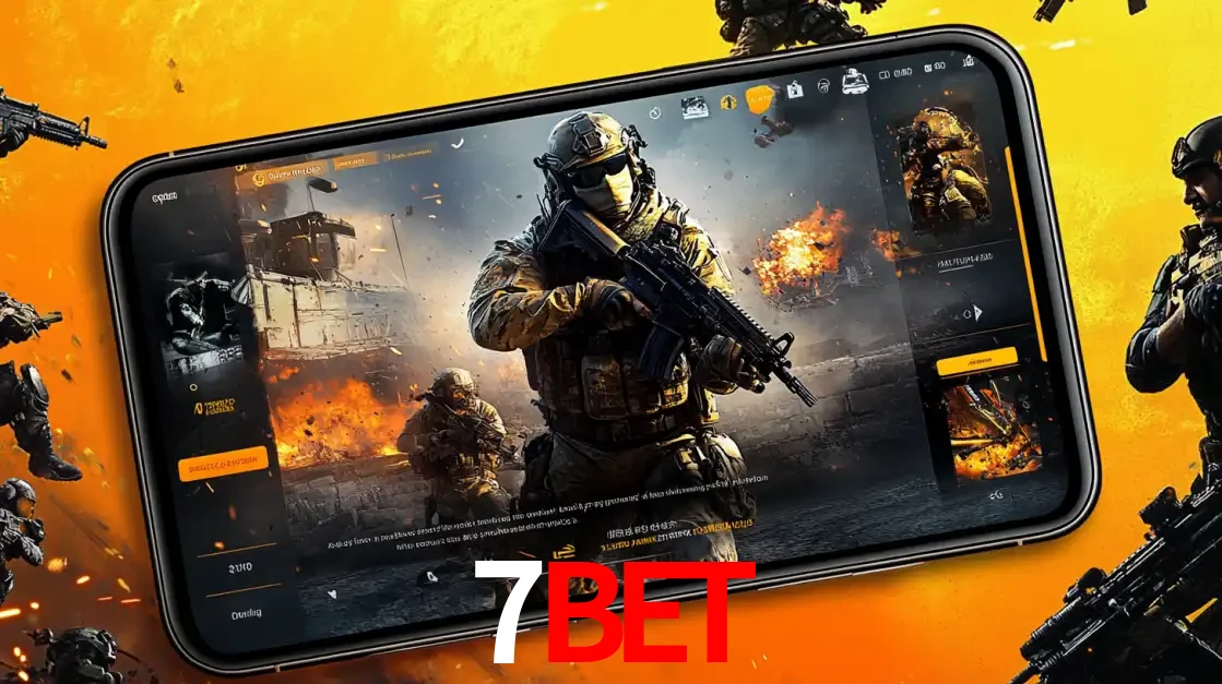 Um smartphone exibindo a interface de um jogo de tiro em primeira pessoa, com um soldado em um cenário de batalha, representando a ação dos e-sports para apostar no 7BET.