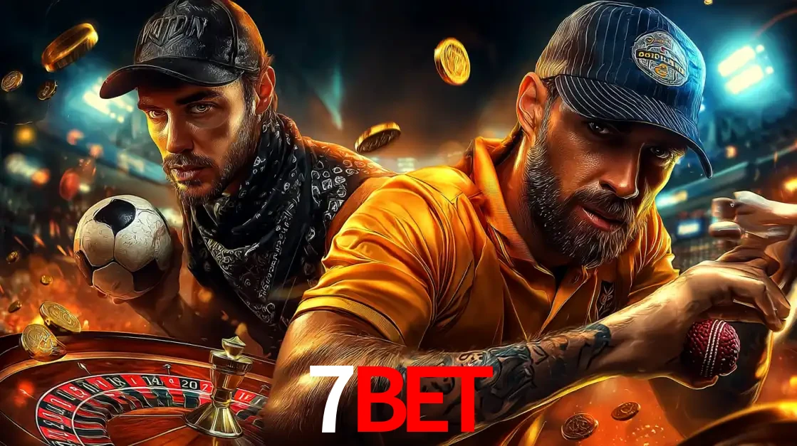 Montagem de apostas esportivas e cassino no 7BET, com um homem segurando uma bola de futebol e outro uma de beisebol sobre uma roleta e moedas voadoras.