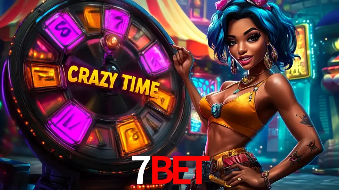 Mulher estilizada com cabelo azul e visual vibrante posando ao lado da roda de prêmios do game show Crazy Time, convidando para a diversão e os bônus do cassino 7BET.