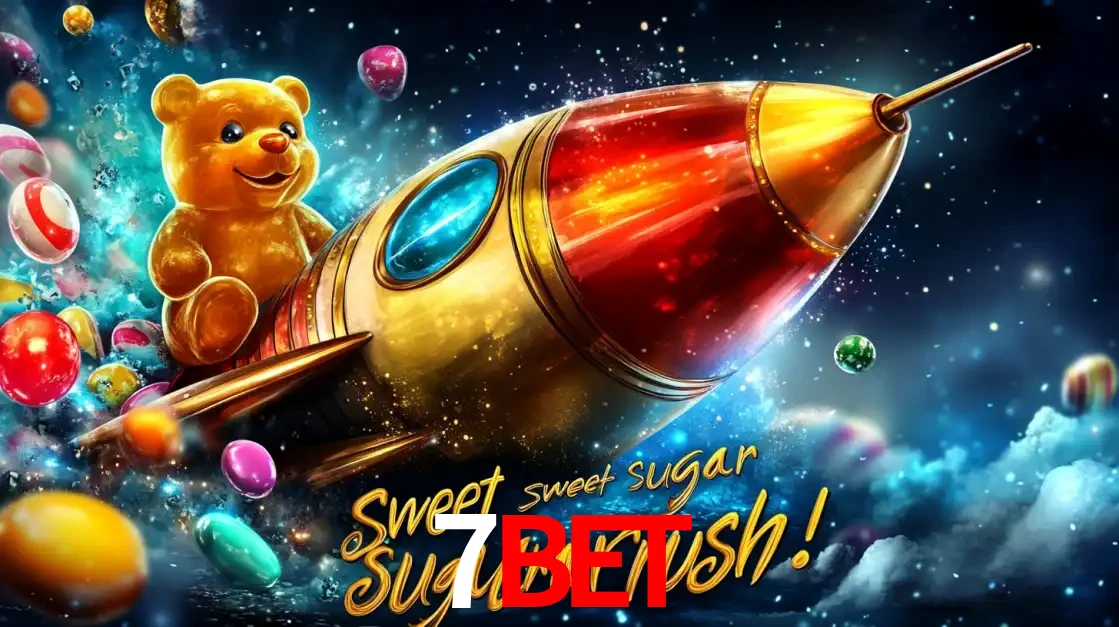 Arte promocional do jogo de slot Sugar Rush, com um urso de pelúcia em um foguete viajando pelo espaço de doces, um dos jogos divertidos disponíveis no cassino 7BET.