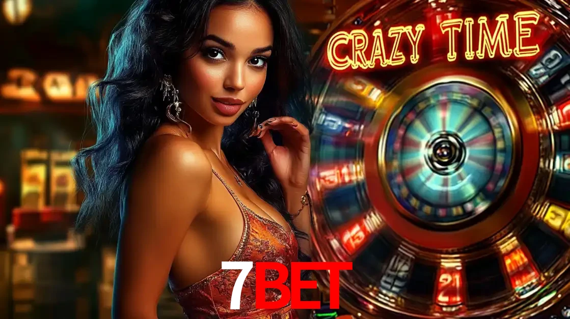 Mulher elegante ao lado da vibrante roda da fortuna do jogo de cassino ao vivo Crazy Time, um dos game shows mais populares e cheios de prêmios do 7BET.