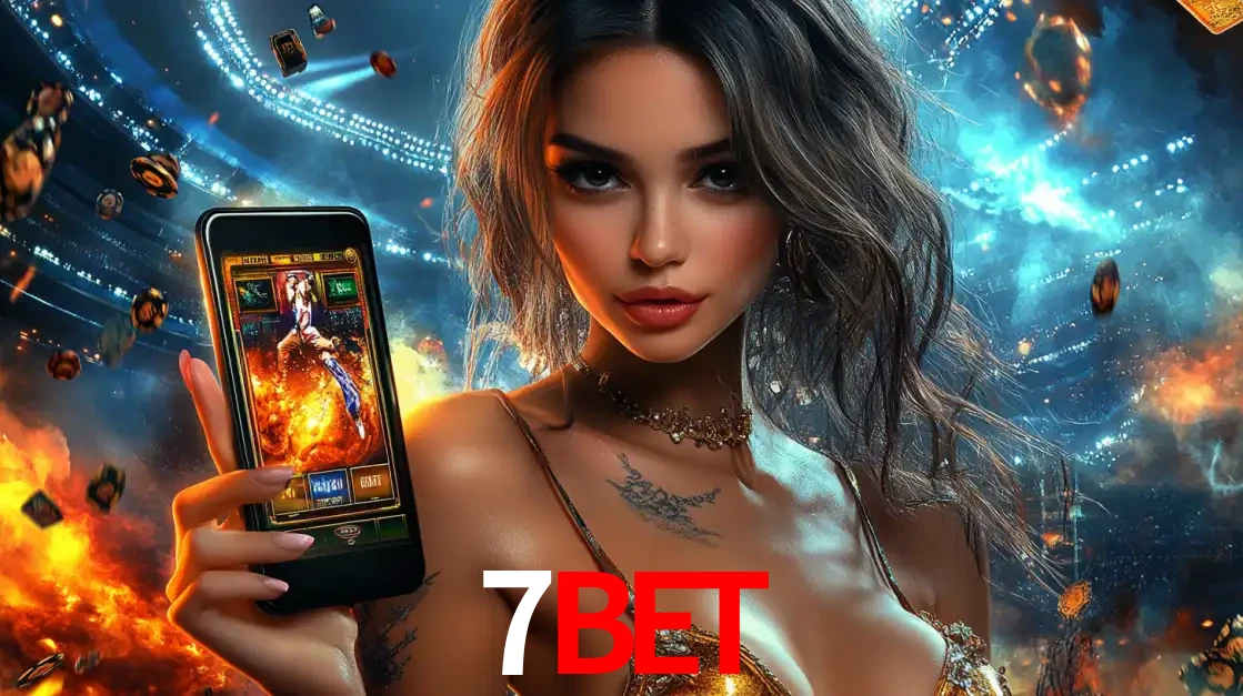 Mulher segurando um celular com um jogo de slot em destaque, tendo como fundo um estádio vibrante, simbolizando a emoção de jogar no cassino móvel 7BET.