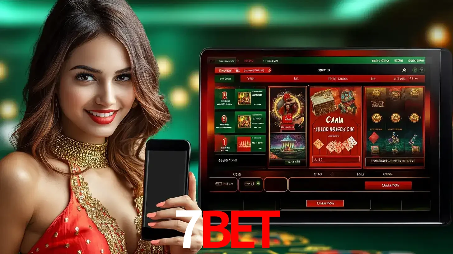Mulher sorridente segurando um smartphone, ao lado de uma tela exibindo o lobby de jogos do cassino online 7BET, com várias opções de jogos de cartas e slots.